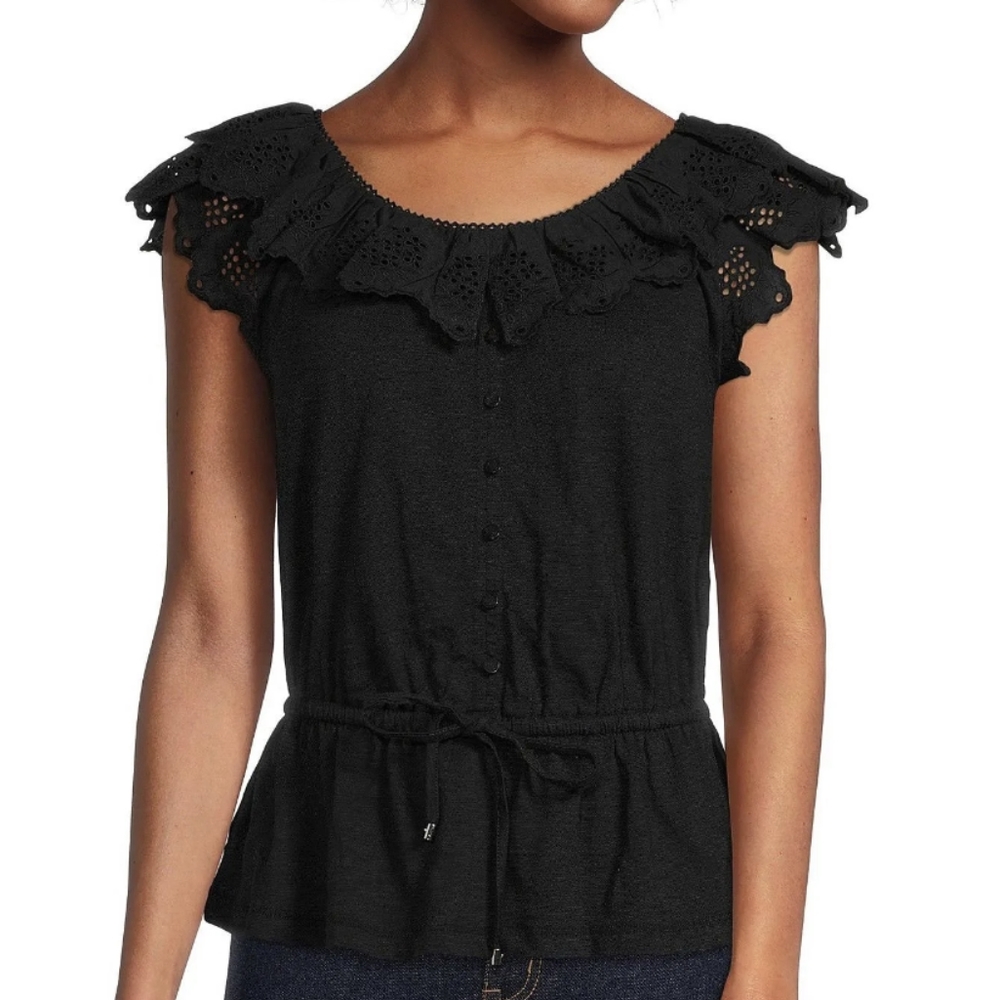 *DONATED* NWT LRL black eyelet jersey peplum top